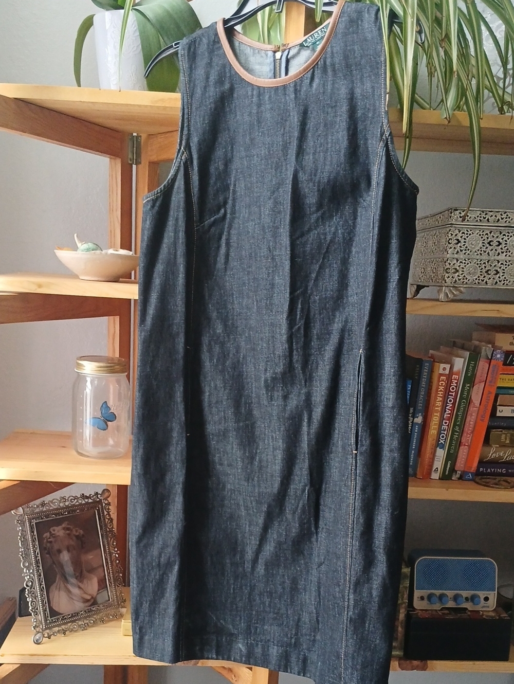 Ralph Lauren Dark Indigo Denim Dress with Brown Leather Trim